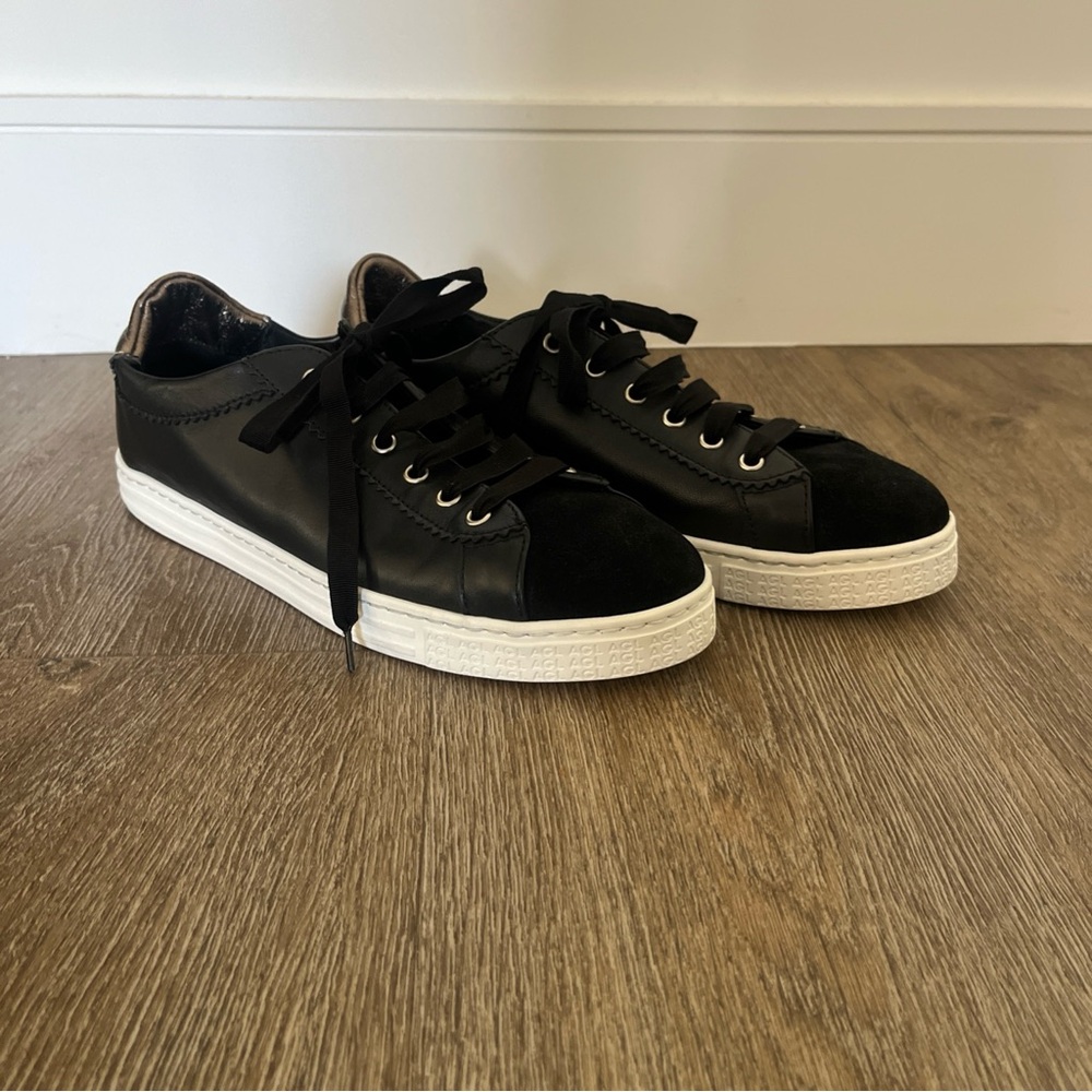 AGL black, leather and suede with gold accent women’s tennis shoes